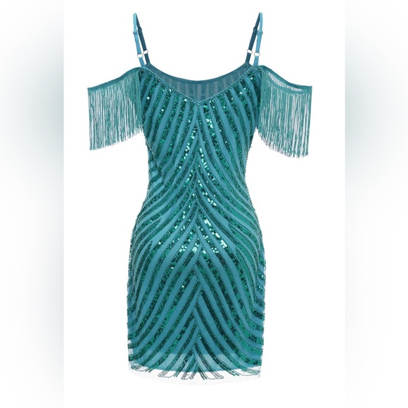 Zapaka turquoise sparkle fringe dress - Picture 2 of 4